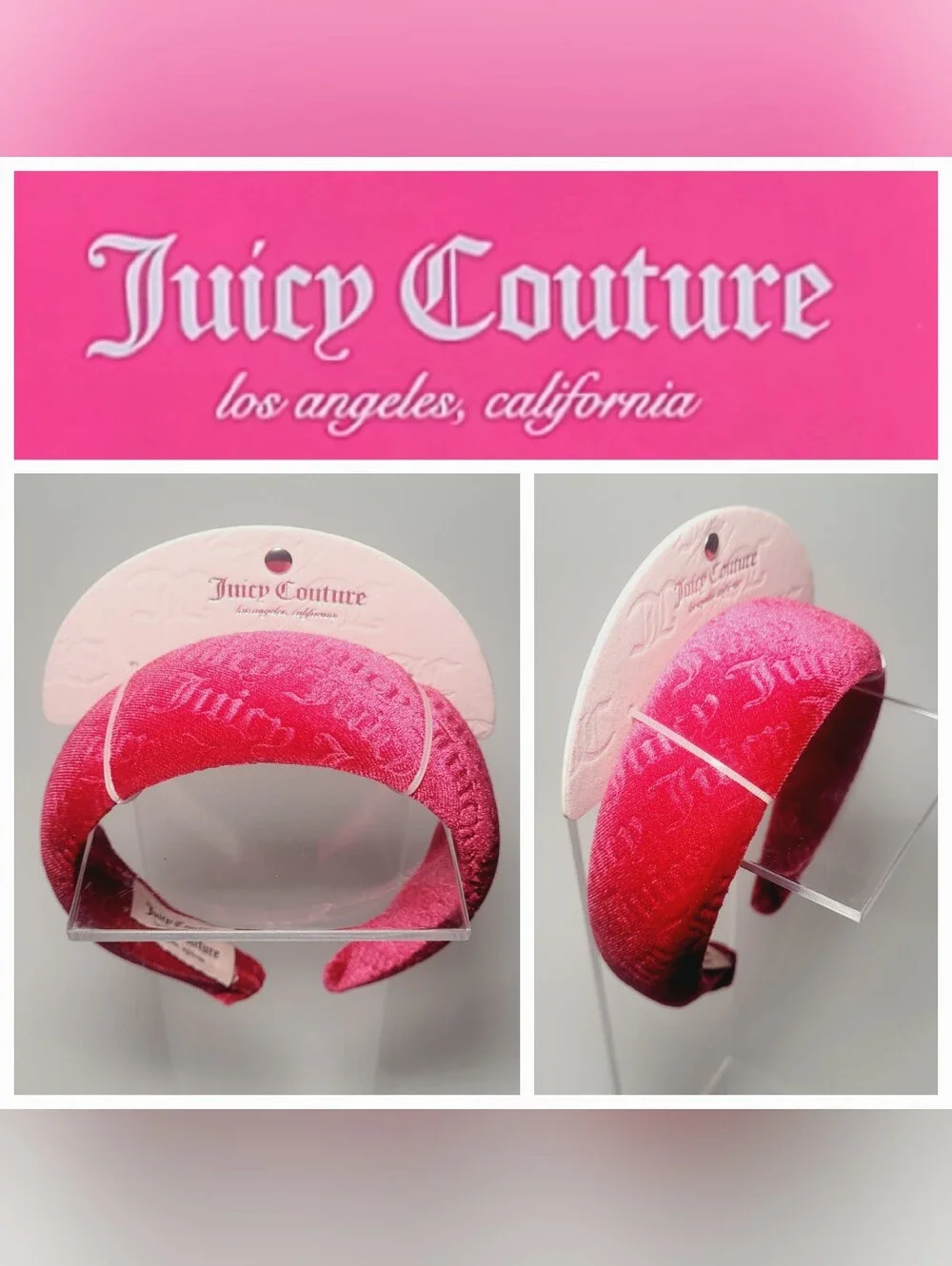 Juicy Couture Hot Pink Rose Red Velour Velvet Juicy Embossed Cute Headband NWT